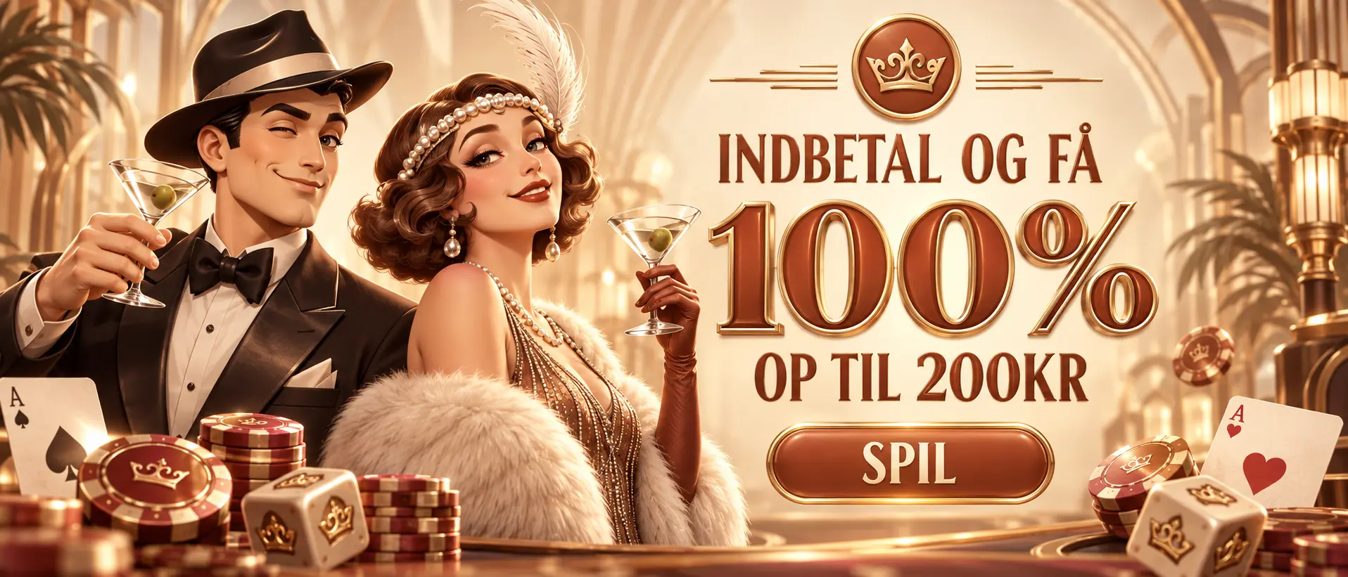 Queen Vegas Casino velkomstbonus – indbetal og få 100% op til 200 kr, art deco banner med Mary Chip maskotter